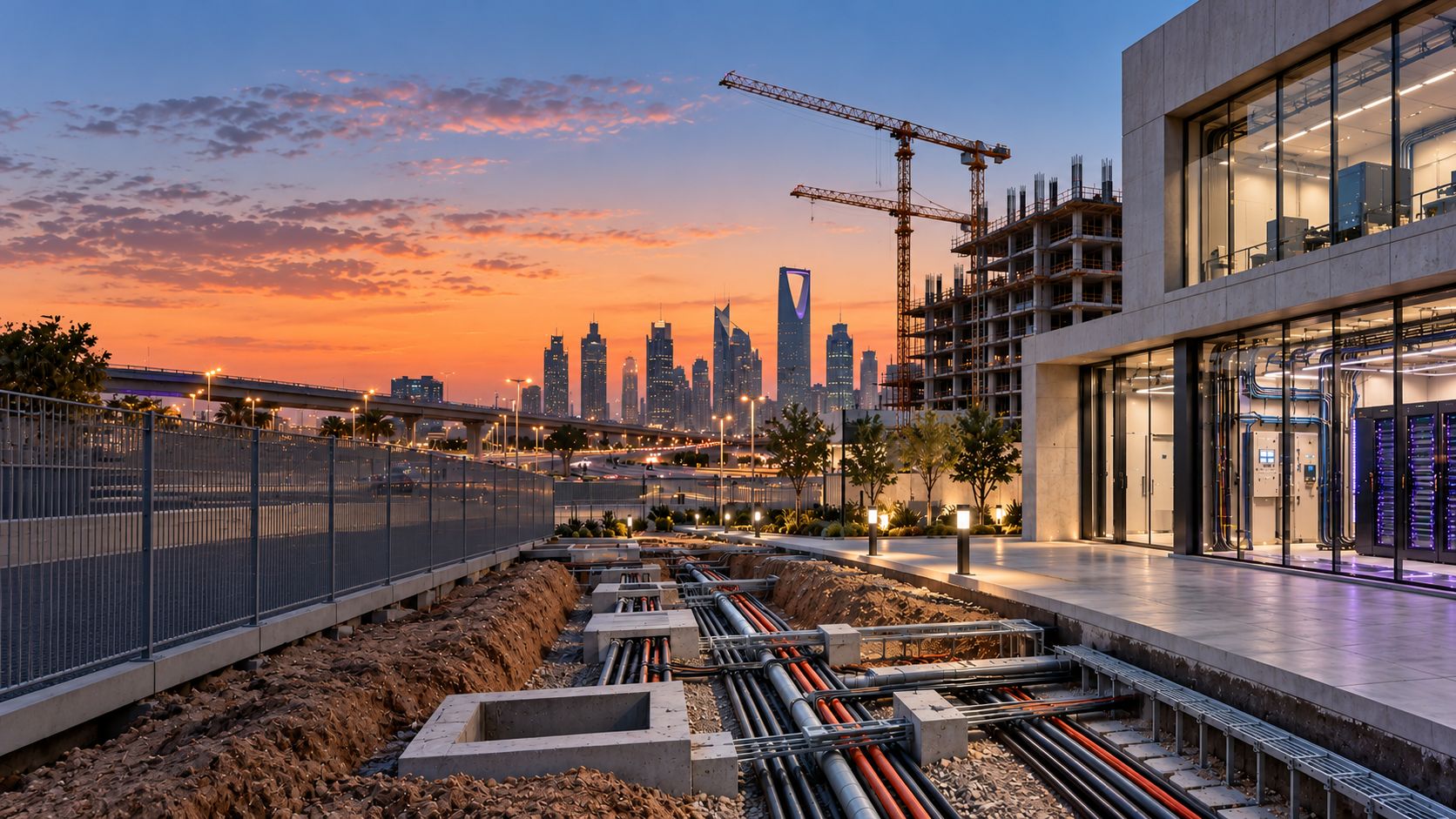 Underground cable trenches leading into a data center facility